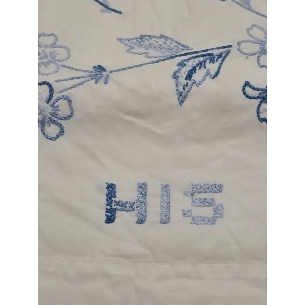 Vintage Embroidered His and Hers Pillowcases Blue Floral Crochet Trim Pair Set